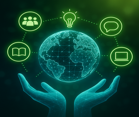 Hands holding a seedling with sustainability icons, representing responsible engagement and long-term impact.