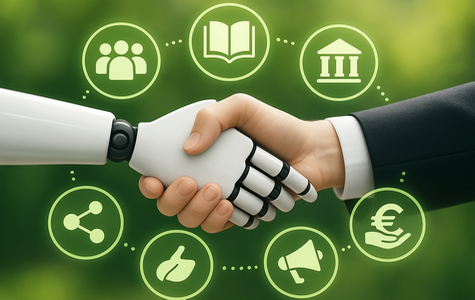 Human and robotic handshake representing collaboration and partnerships.